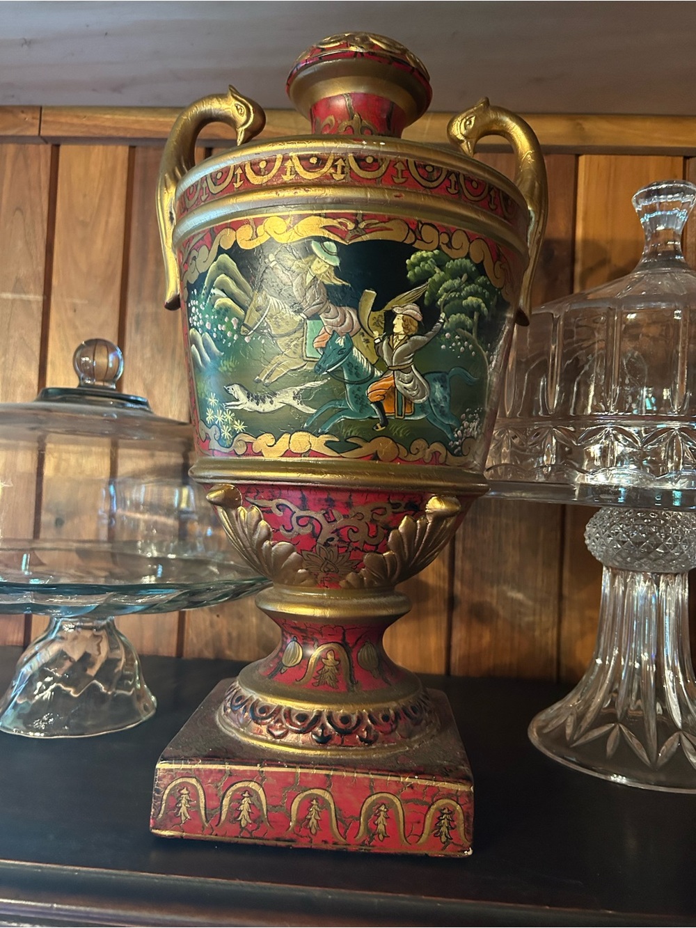 Tai equestrian horse hunt Red and Gold Hand-Painted Urn Vase